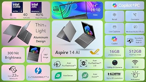 Miniatura 12 de Acer Aspire 14 AI Copilot+ PC  Pantalla WUXGA de 14 pulgadas  Procesador Intel Core Ultra 5 de 226 V  NPU hasta 40 tops - GPU hasta 53 tops  Intel