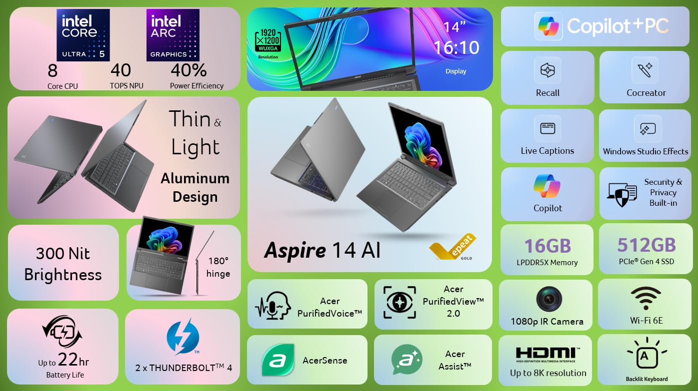 Acer Aspire 14 AI Copilot+ PC | 14" WUXGA Display | Intel Core Ultra 5 Processor 226V | NPU: Up to 40 Tops - GPU: Up to 53 Tops | Intel ARC 130V | 16GB LPDDR5X | 512GB SSD | Wi-Fi 6E | A14-52M-51S1