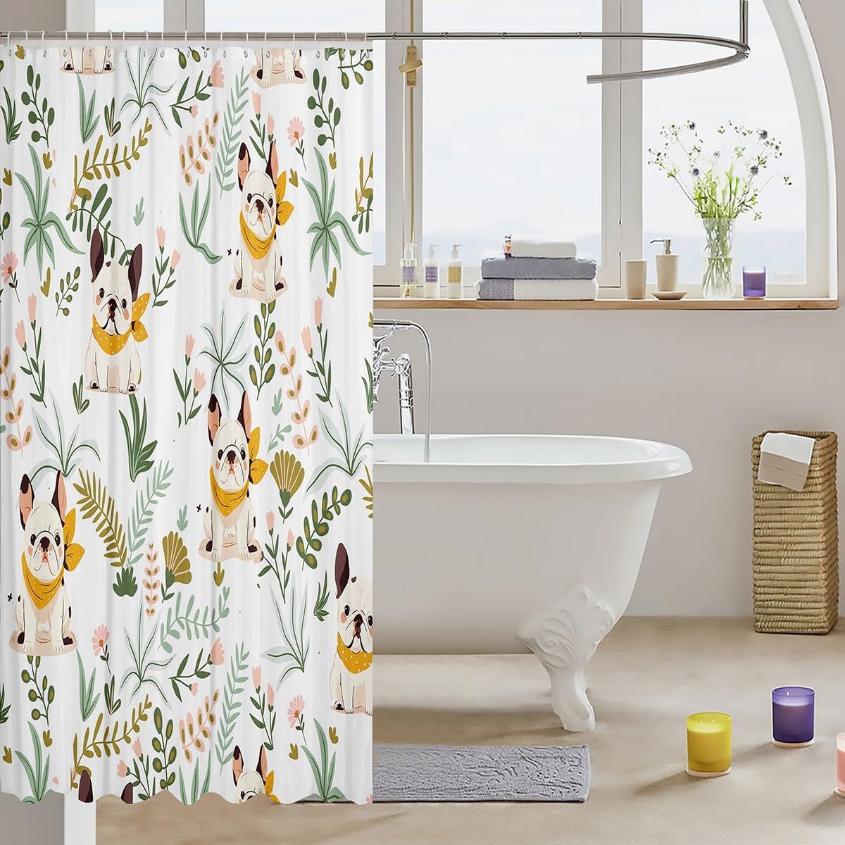 Homewish Cartoon Dog Shower Curtain,Kawaii French Bulldog Family Puppy Pet Bathroom Curtain,Cute Animal Boho Floral Plant White Waterproof Bath Curtain with Hooks Machine Washable, 72Wx84L inch