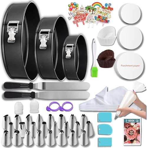 Juego de moldes para pasteles de 168 piezas para hornear + suministros de decoración de pasteles 3 moldes antiadherentes (6, 8, 10 pulgadas), puntas