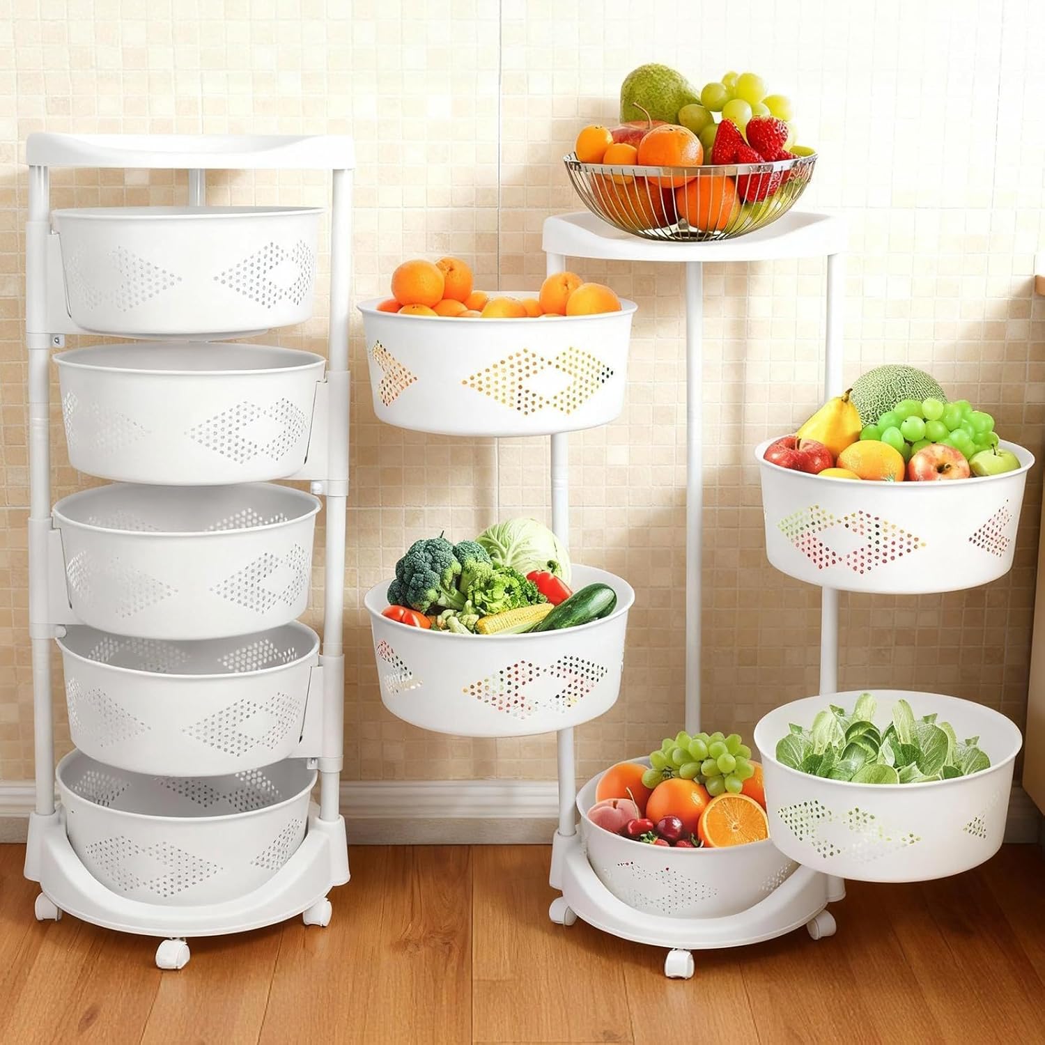 5-Tier Rotating Kitchen Organizer Rack with Wheels, PP Plastic Storage Shelf with Baskets for Countertop, Pantry, Bathroom & Home, Space-Saving Multifunctional Display Stand​