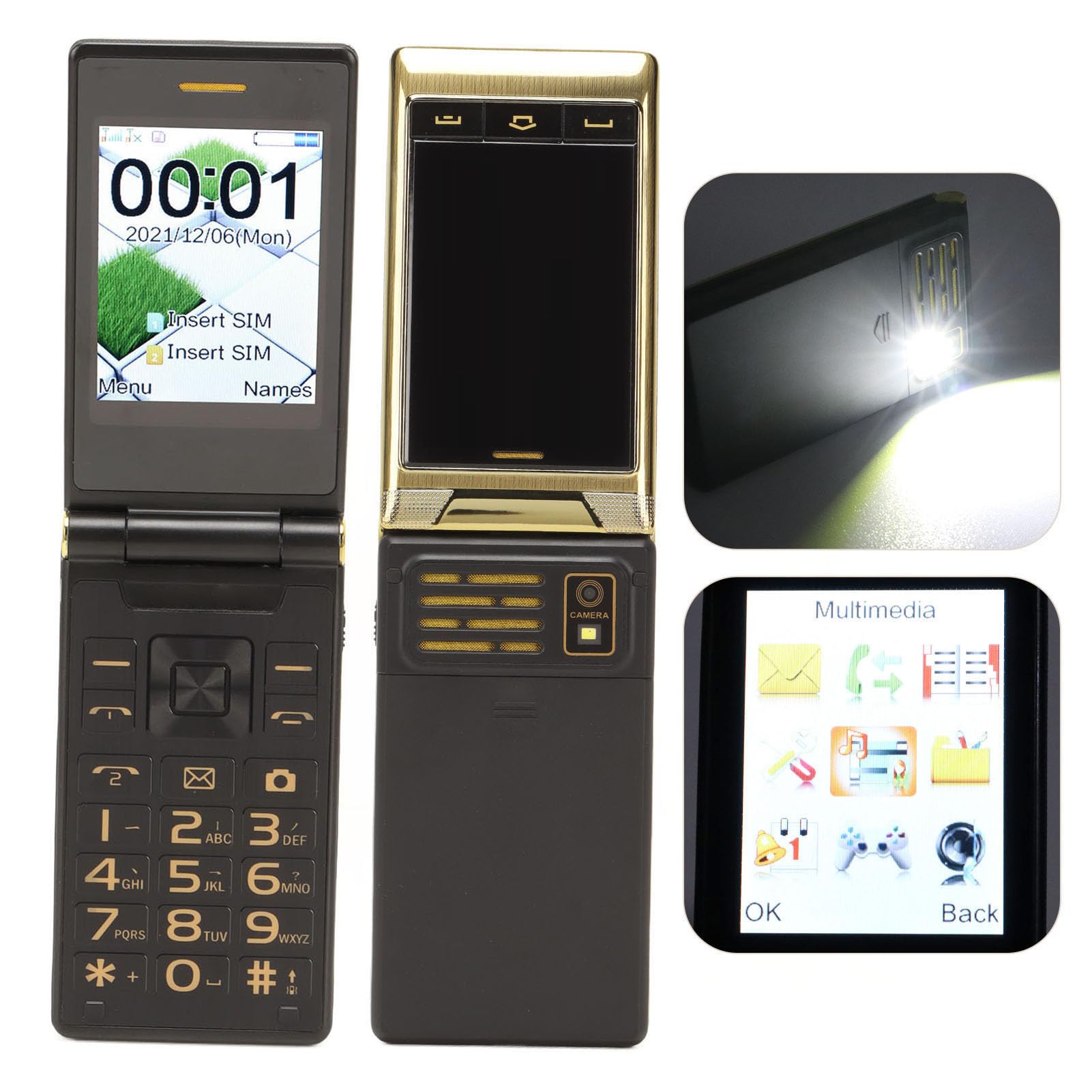 Senior Flip Phone, 3G Dual SIM Unlocked Senior Flip Cell Phone z 3-calowym podwójnym ekranem, dużym przyciskiem, przyciskiem SOS i baterią 5900mAh, podstawowy telefon komórkowy dla(Złoto)