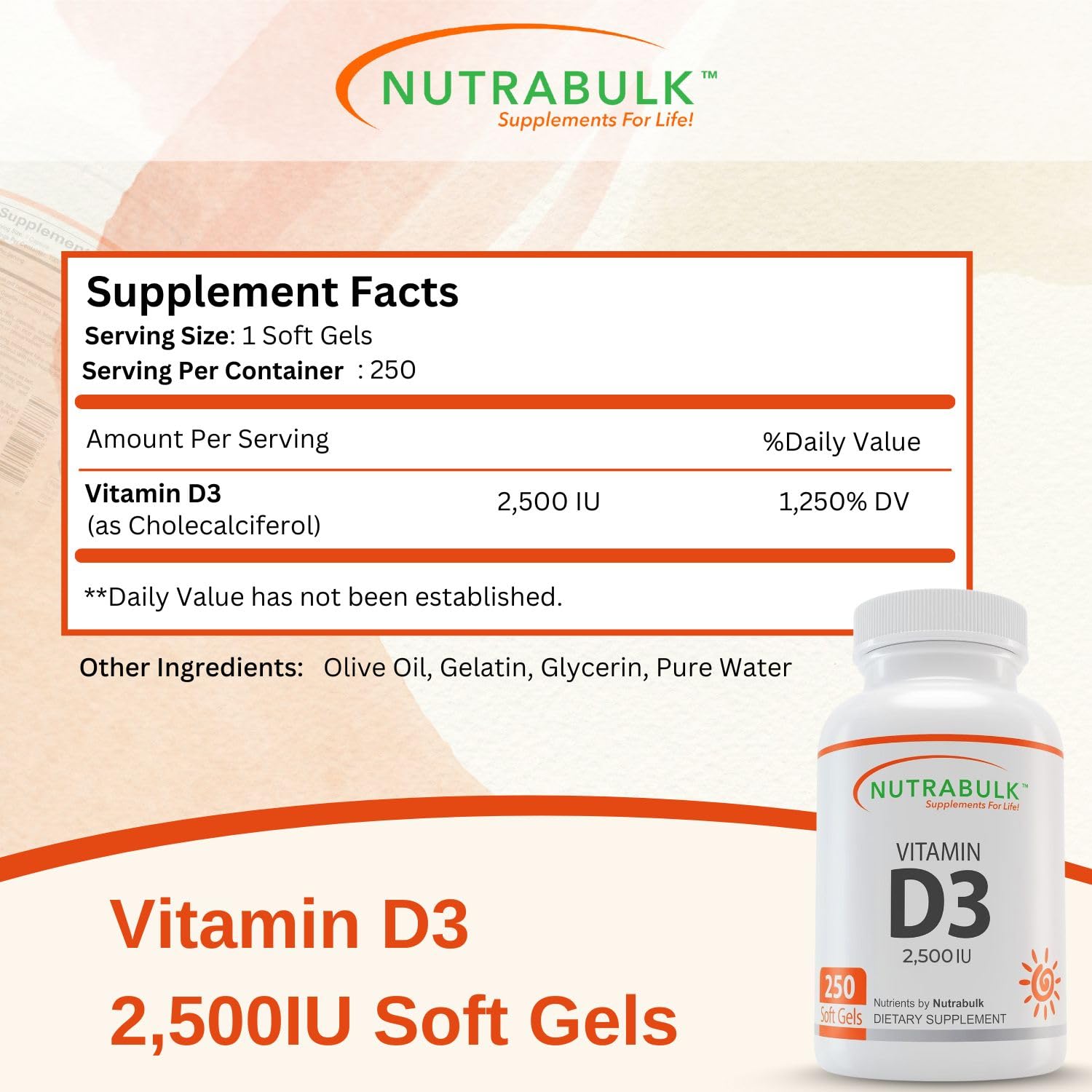NutraBulk Vitamin D3 2500 IU Softgels - 250 Count - High-Potency Daily Supplement - Non-GMO, Gluten-Free - Made in USA — Amazon image 3