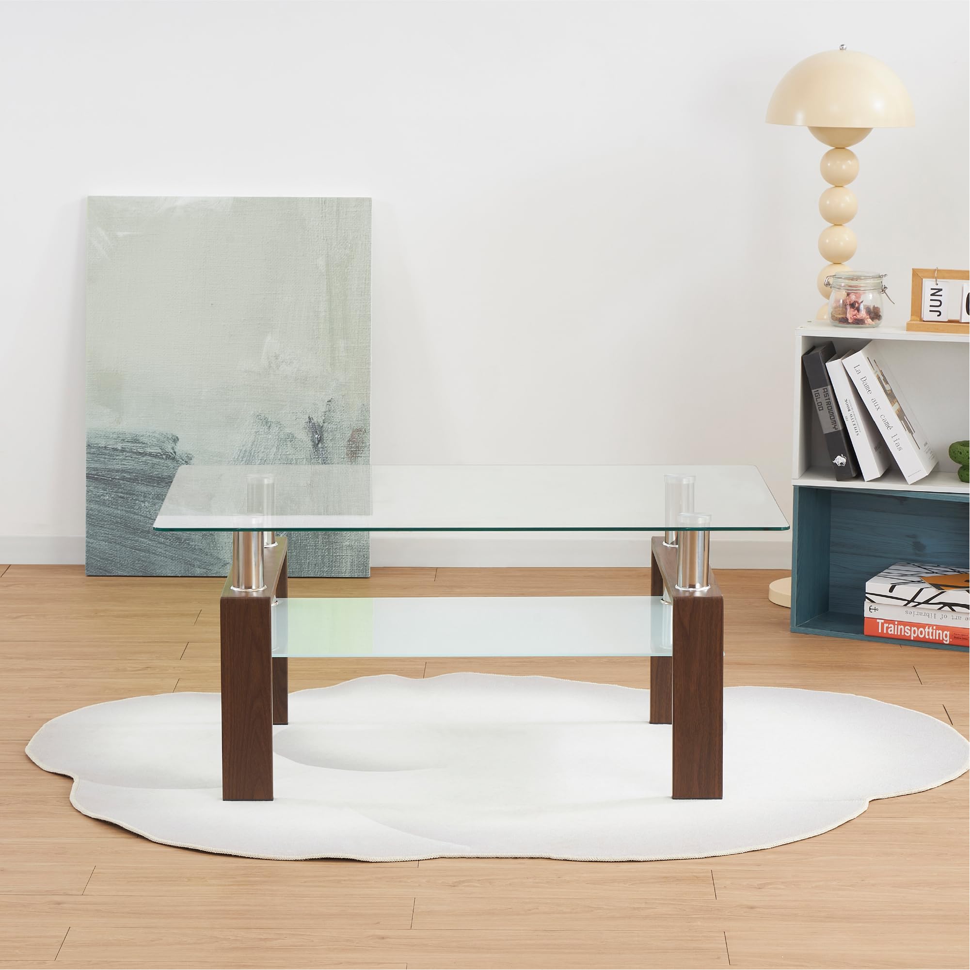 Tavolino 100 x 60 x 44 cm Porter, Tavolino rettangolare con vetro temperato trasparente da 6 mm e struttura con finitura effetto noce, design elegante, per soggiorno e zona lounge