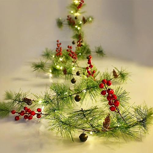 Miniatura 8 de Guirnalda de Navidad preiluminada con luces de 9.84 pies, guirnalda de pino ahumado, 40 luces LED de hadas, funciona con pilas, con temporizador,