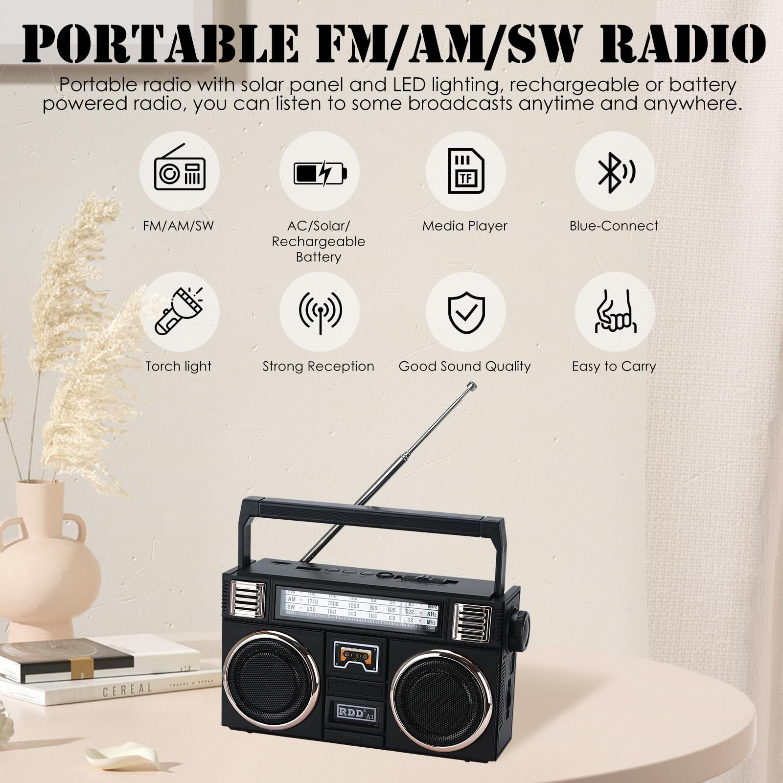 Radio FM AM SW Portable avec Bluetooth, Panneau Solaire et Lampe Torche, Lecteur MP3 USB/TF, Batterie Rechargeable - Radio numérique à Batterie pour la Maison et l'extérieur Noir (Classique, Noir)