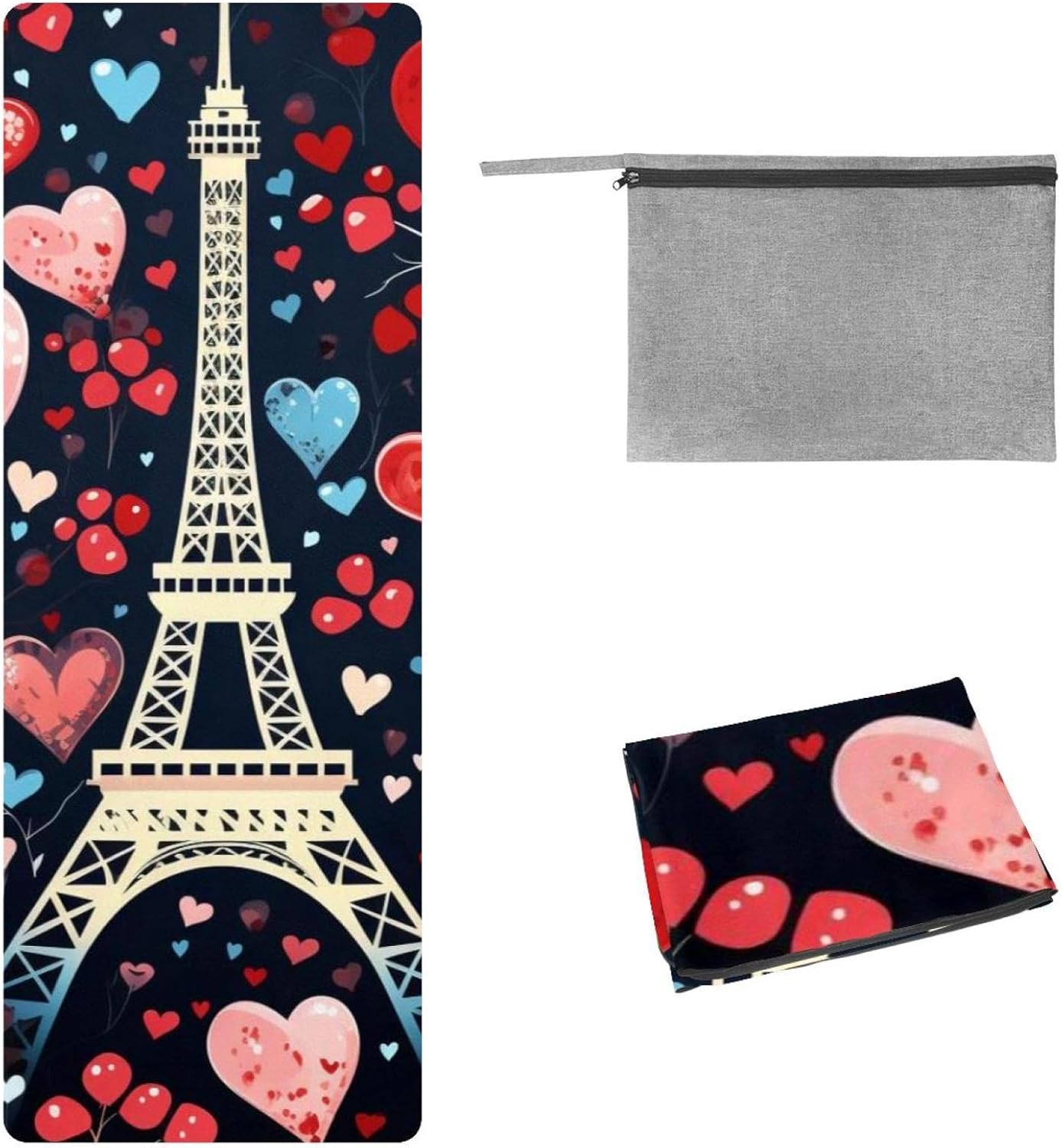 Yoga Towel, Eiffel Tower Valentine's Day Pattern Non Slip Sweat Absorbent Hot Yoga Mat Towel for Hot Yoga, Pilates and Fitness - 72.8" x 26.8"
