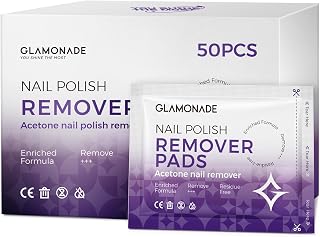 Glamonade Nail Polish Remover Pads 50 Pack: Individually Wrapped Acetone Wipes for Fast Gel & Regular Polish Removal, Travel Kit