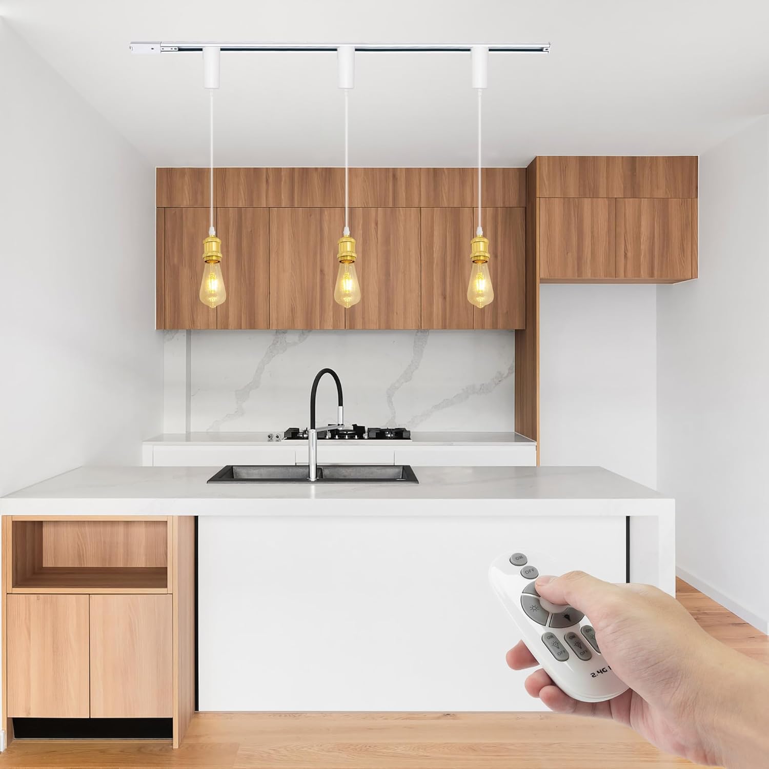 Kiven H-Type Track Lighting Pendants, 3-Light Industrial H Track Pendant Lights with Remote Control,Dimmable, Adjustable Length for Bedroom Kitchen Island Shop,Bright Gold Finish