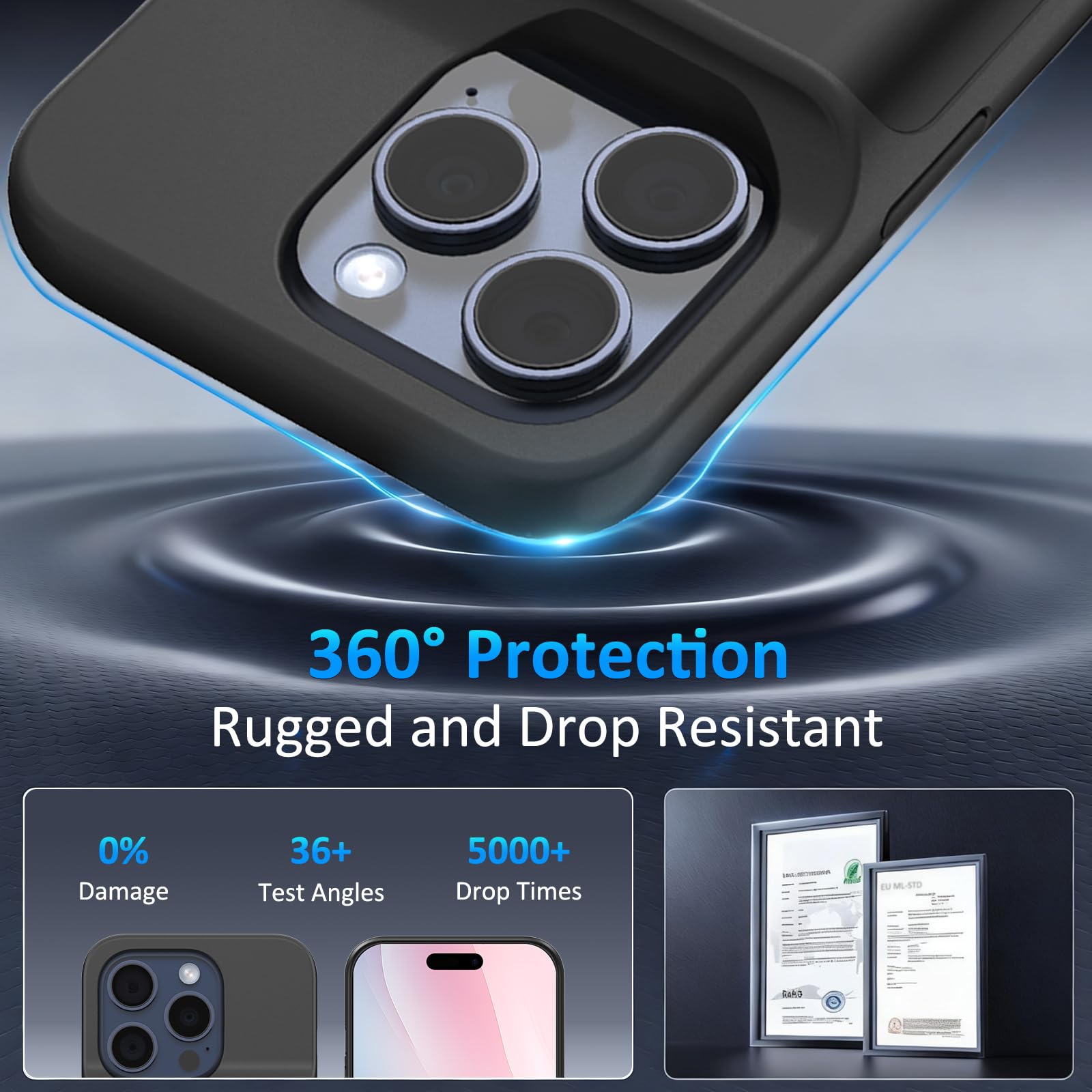 Custodia con Batteria per iPhone 15 Pro (6,1"), Caricabatterie Portatile da 8500 mAh, Ultra Sottile con Batteria Estesa e Custodia Protettiva con Funzione di Ricarica per iPhone 15 Pro - Nero