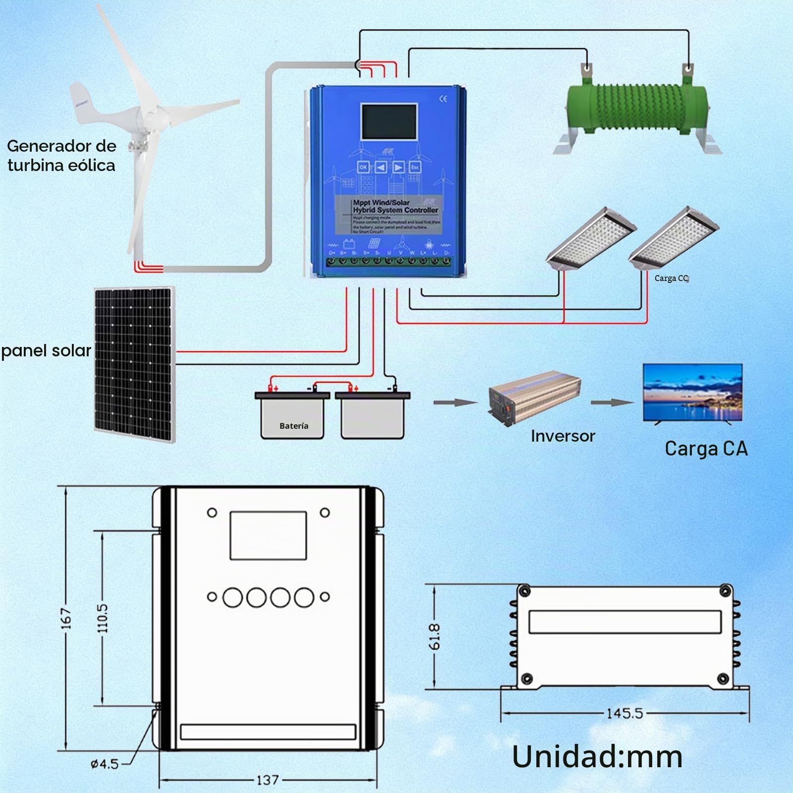 Controlador De Carga HíBrido Solar EóLico De 15000W, Regulador De Carga Mppt De 12V/24V Con Pantalla Lcd Y Carga De Descarga,12V