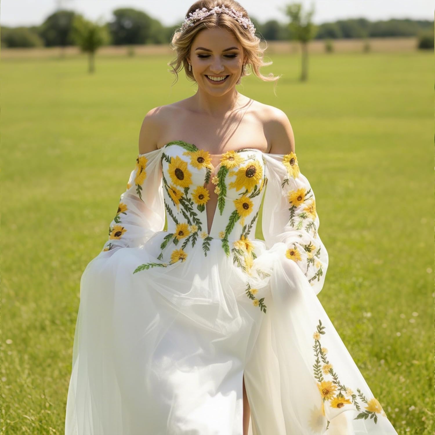 LIPOSA Boho Chiffon Wedding Dress for Bride Sunflower Embroidered Off Shoulder A-Line Bridal Gown with Long Cape Sleeves