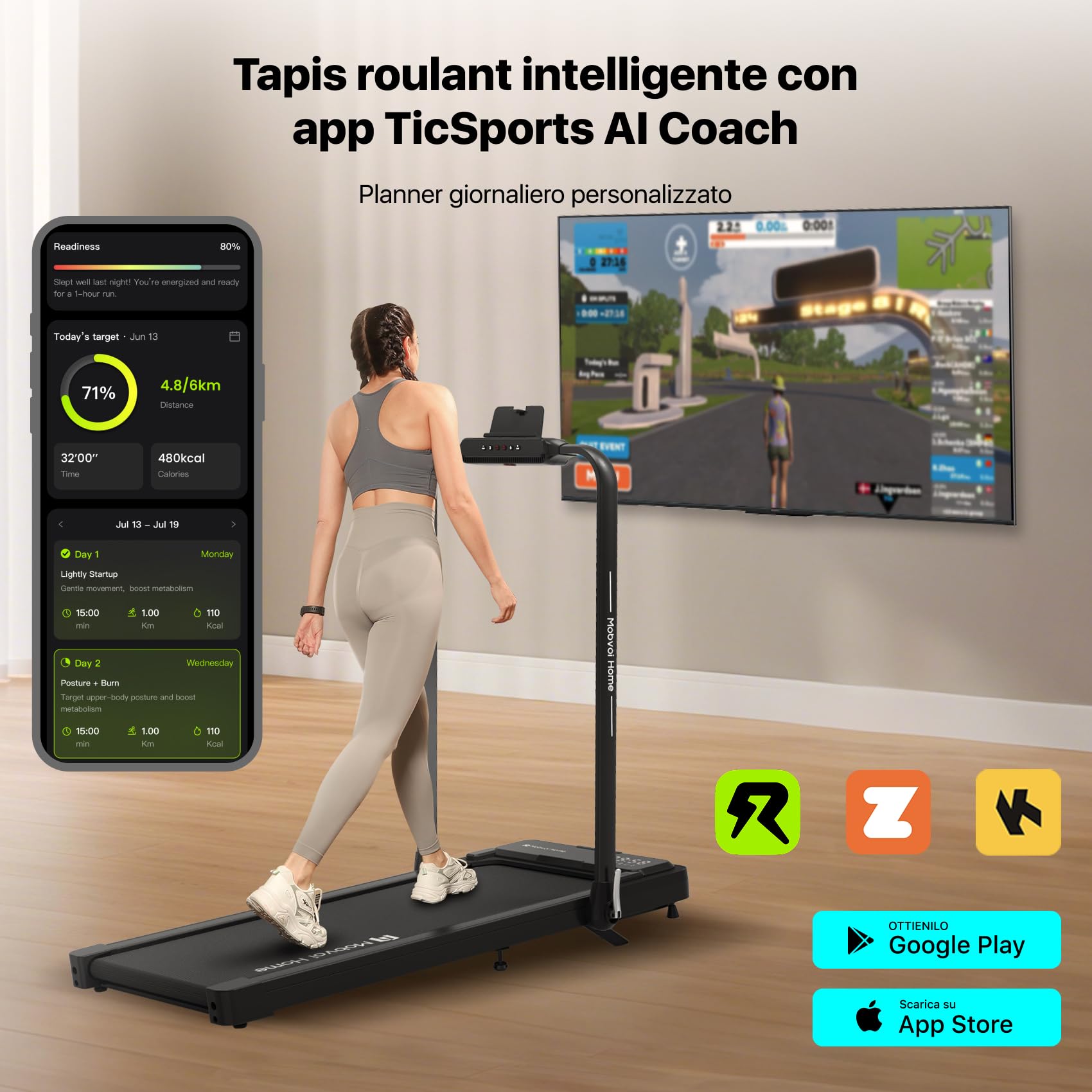 Mobvoi Home Tapis Roulant AI Intelligente 3 in 1 per casa e ufficio Supporto per Tapis Roulant per Tazza Telefono Laptop Ampia Area di Corsa Display a LED TicSports Zwift Kinomap APP 12km/h 120kg