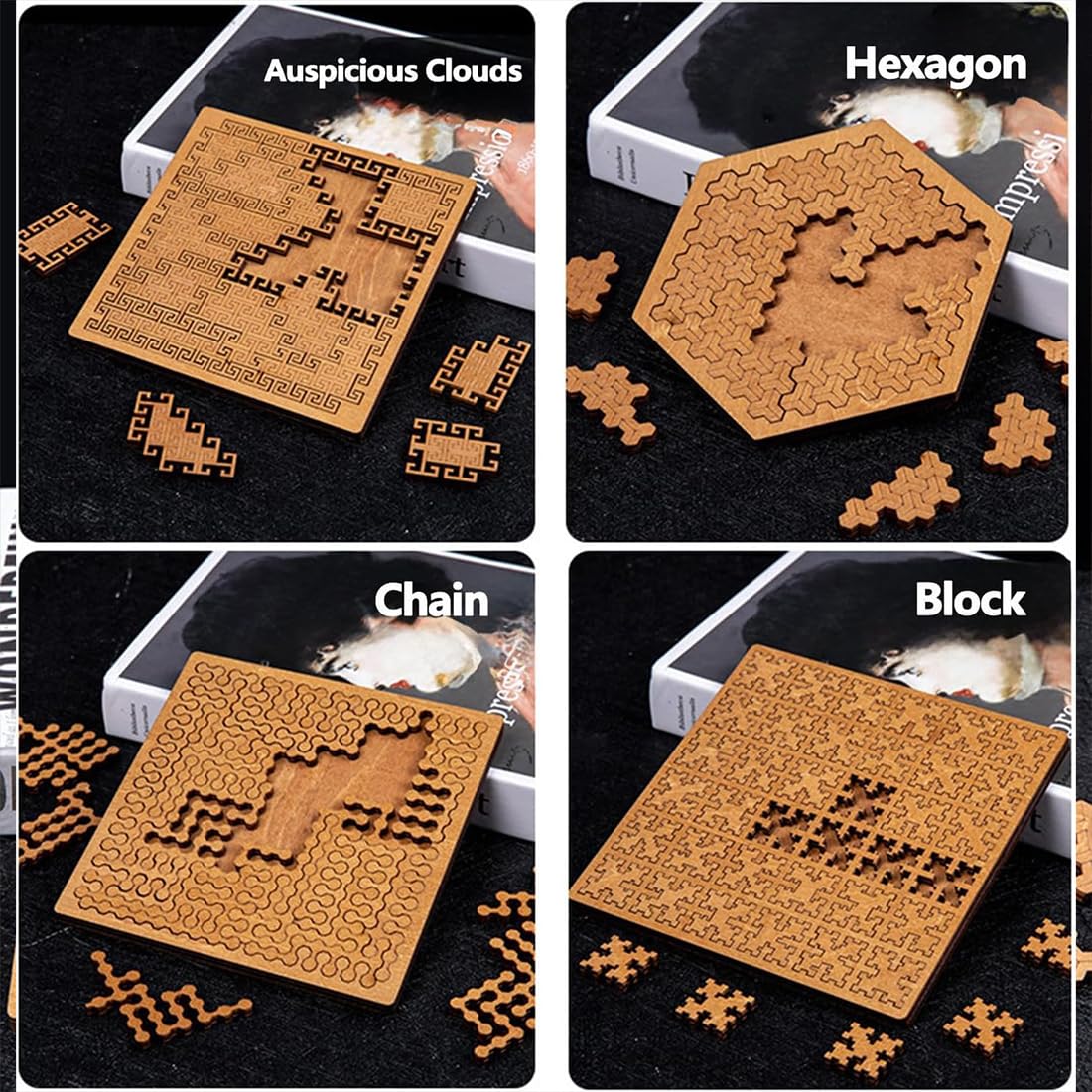 Rompecabezas de Bandeja Fractal, Rompecabezas de Madera Educativo for Adultos, desafío de Rompecabezas de Madera Irregular Duro for Juegos de Entrenamiento Cerebral (4 Piezas)