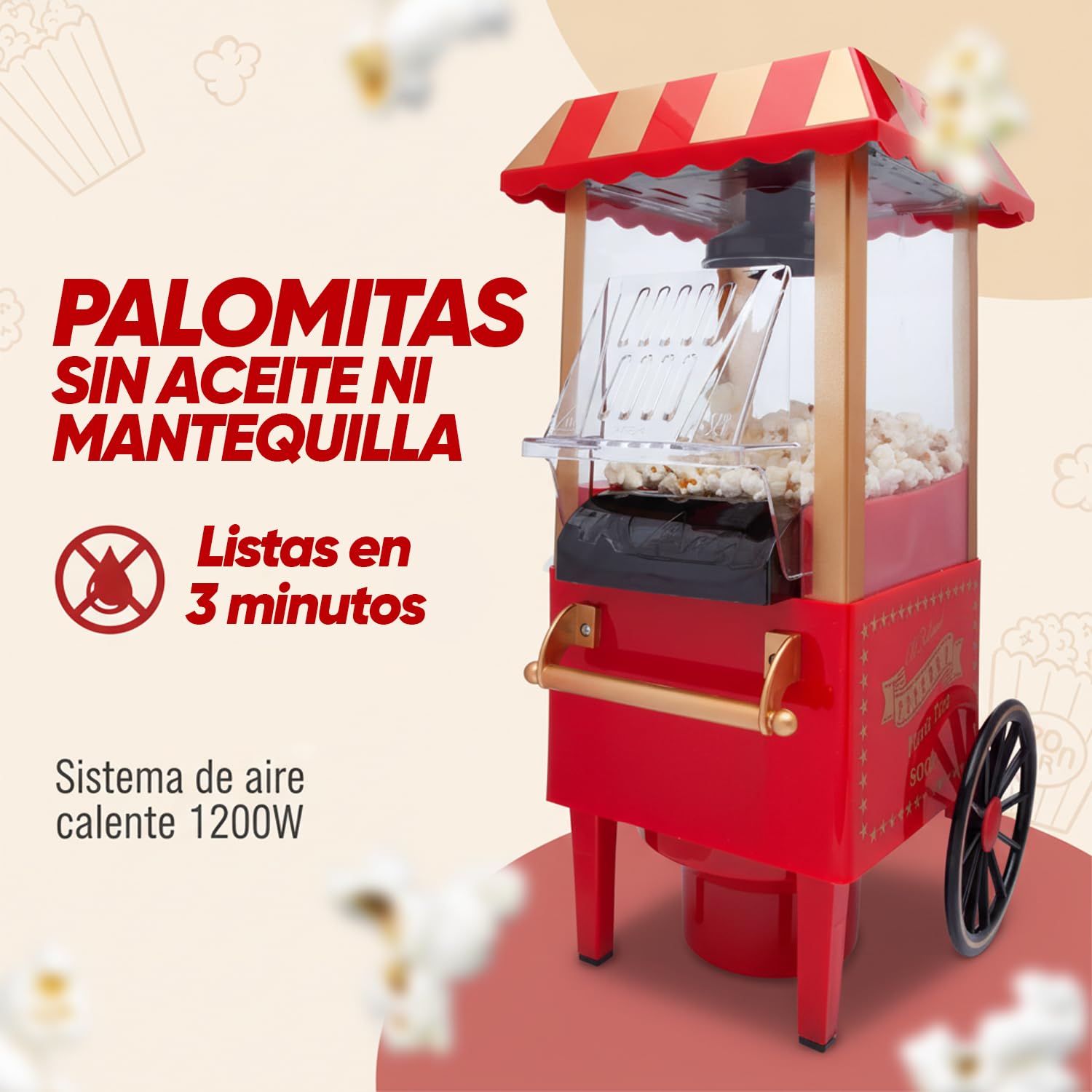 SOGO Machine à Pop-Corn rétro 1200 W sans Huile ni Beurre, Facile à Nettoyer, SS-11330