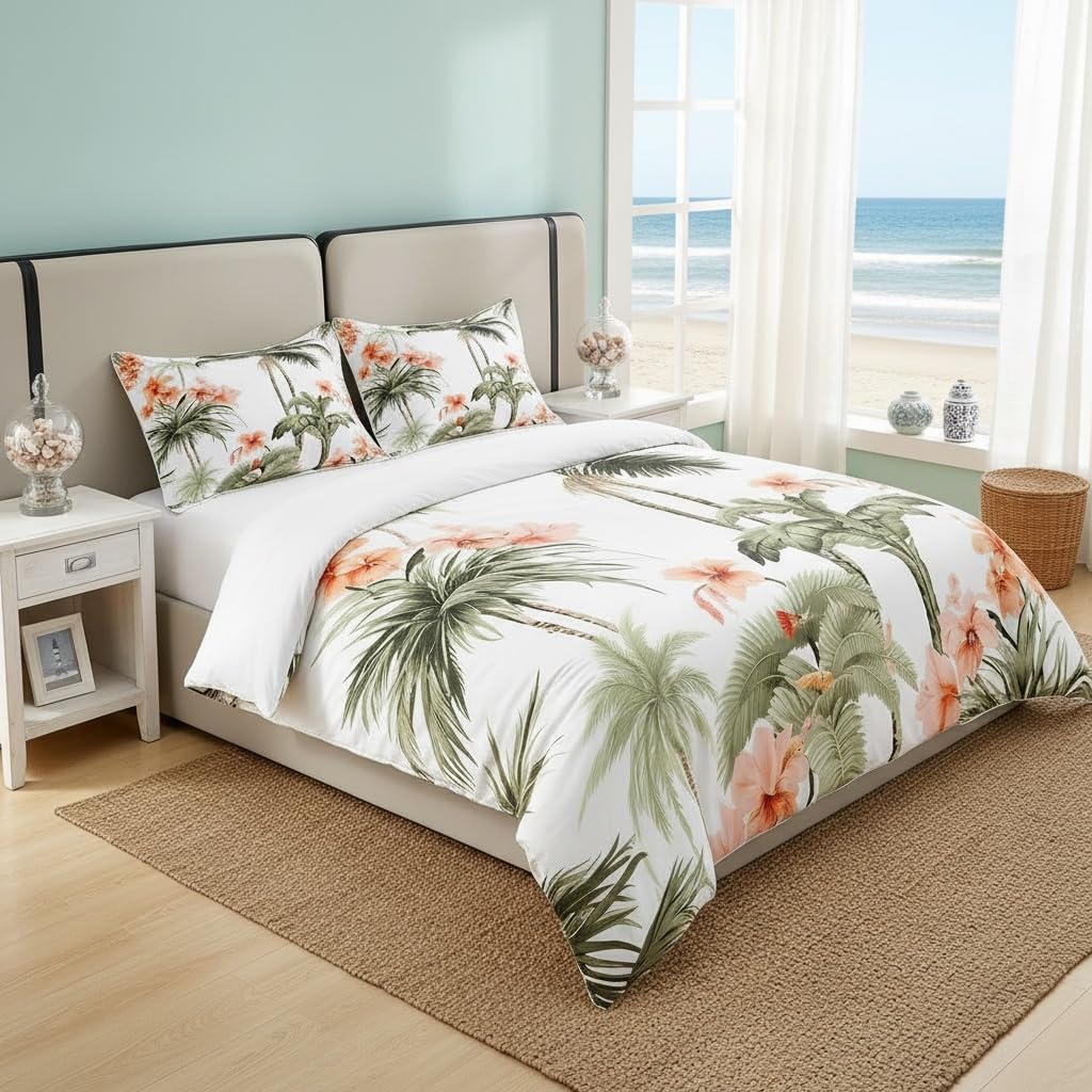 Queen Size 100% Cotton Palm Leaves Duvet Cover for Kids Tropical Coconut Tree Bedding Set Hawaii Style Comforter Cover Orange Flowers Plant Bedspread Cover Room Decor Bedclothes Zipper,No Comforter
