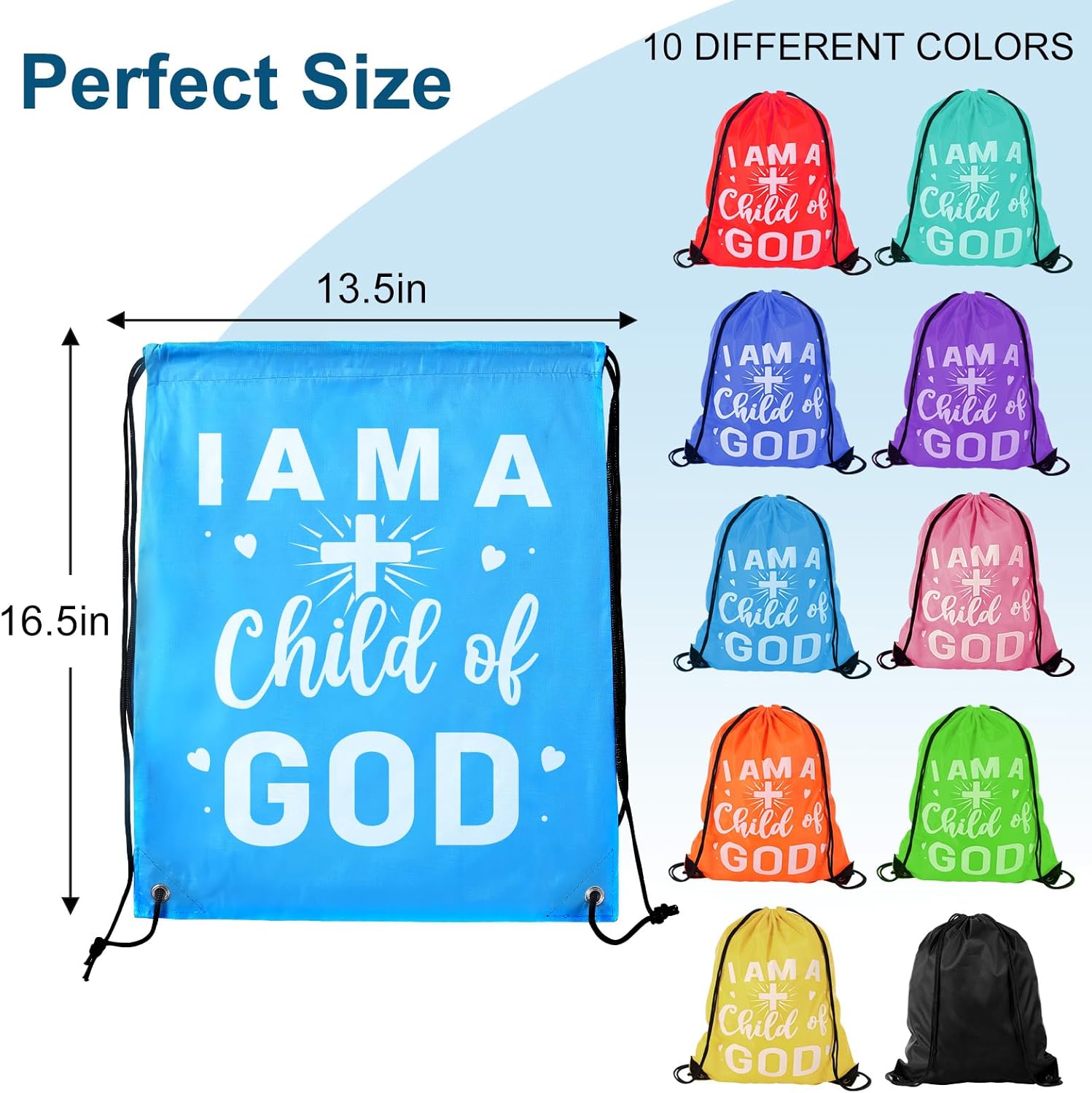 VZZNN 30 Pcs I Am a Child of God Drawstring Backpack Bulk Christian Gift Bags Church Supplies String Backpack Cinch Bag Jesus Stuff(10 Colors)