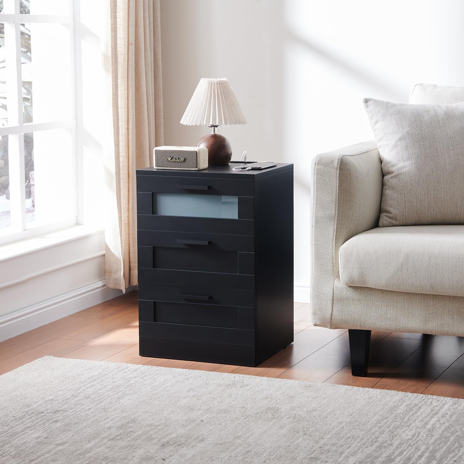 Mesitas de Noche con Luz LED, Mesa Auxiliar con 3 Cajones, Mesilla de Noche con Puerto USB y Type-C, para Dormitorio o Estudio, Moderno (2, Negro)