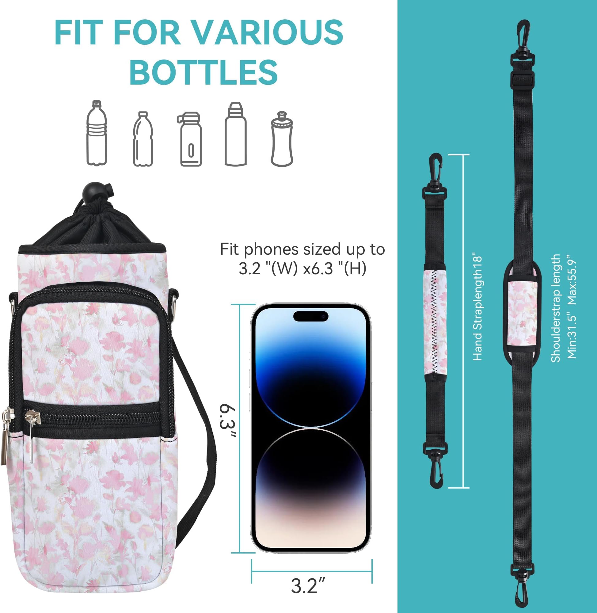 AUPET Water Bottle Sling Bag Sleeve Holder Carrier 25/32/40/64 oz,Insulated Crossbody Water Bottle Case Cover with Strap and Pockets for Men/Women Walking Hiking