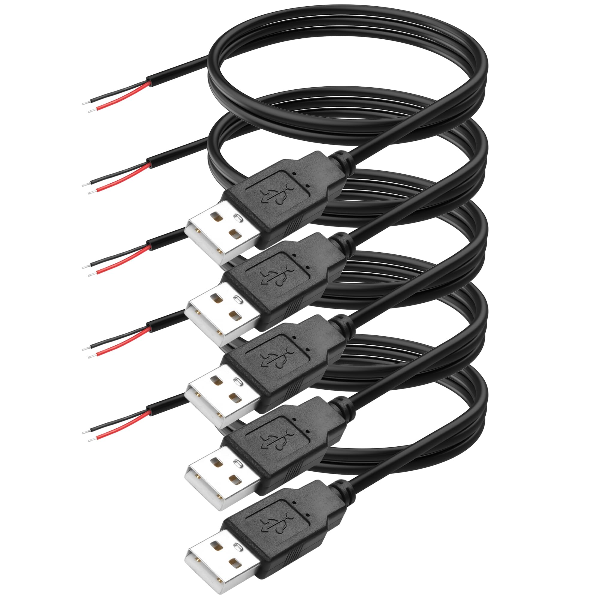 YAODHAOD USB A 2 Pin Bare Wire Extension Cable, 22AWG 5V 3A, USB 2.0 Male Plug to Open End, DIY Repair Cable (5pcs)
