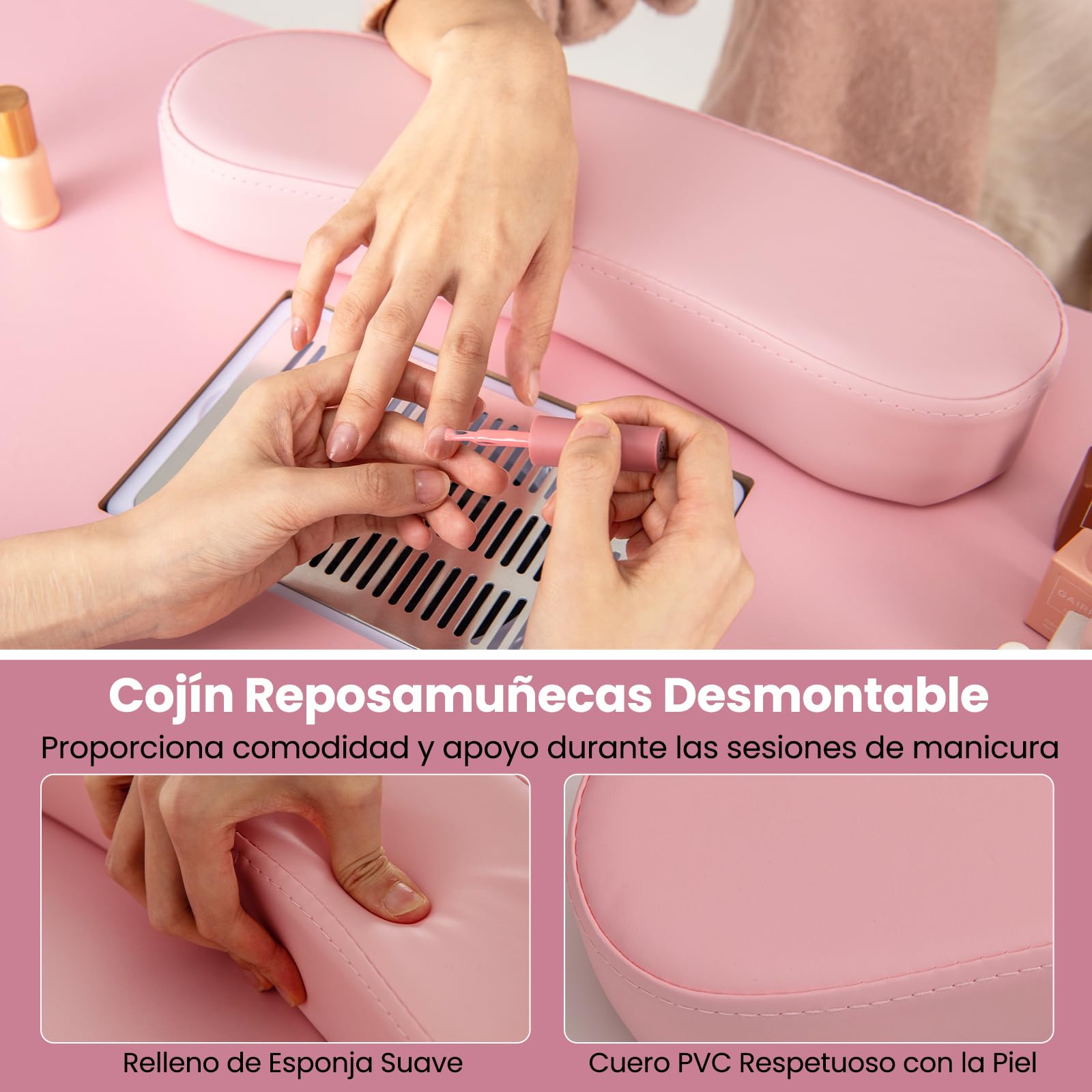 COSTWAY Mesa de Manicura con Aspirador Eléctrico, 3 Bolsas para Polvo, Reposamuñecas, 6 Cajones, Mesa para Uñas con 8 Ruedas, Mesa Manicura Profesional para Salones de Belleza, 108x45x76 cm (Rosa)