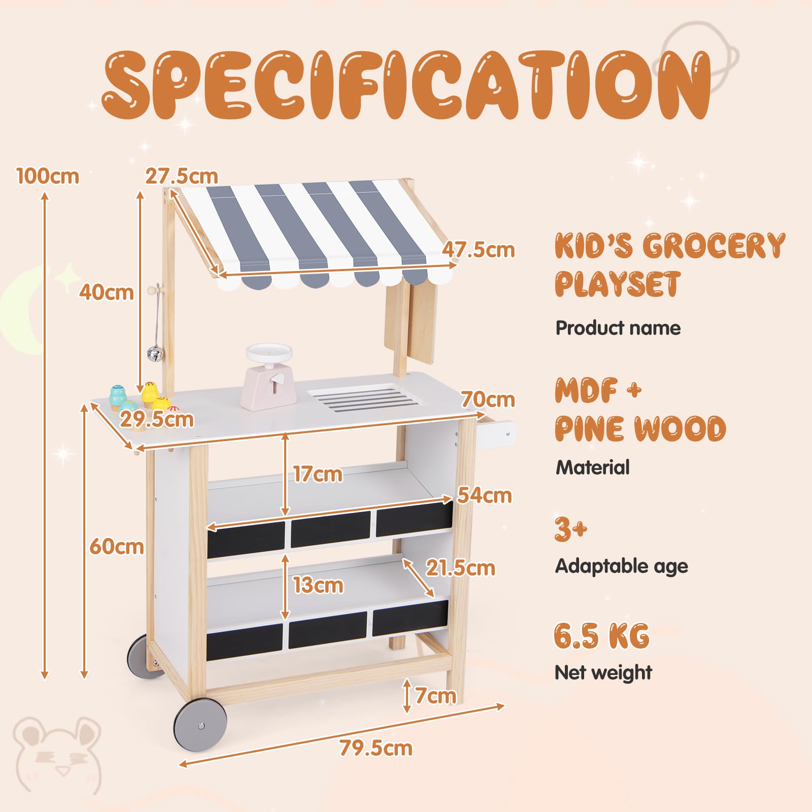 HOMASIS Chariot à Glace pour Enfants avec Accessoires, Magasin de 6 Jouets, Crème Glacée, Roues Mobiles et Auvent, Chariot de Courses en Bois, Maison de Poupée, Kit de Jeu pour 3 Ans et+ (Blanc)