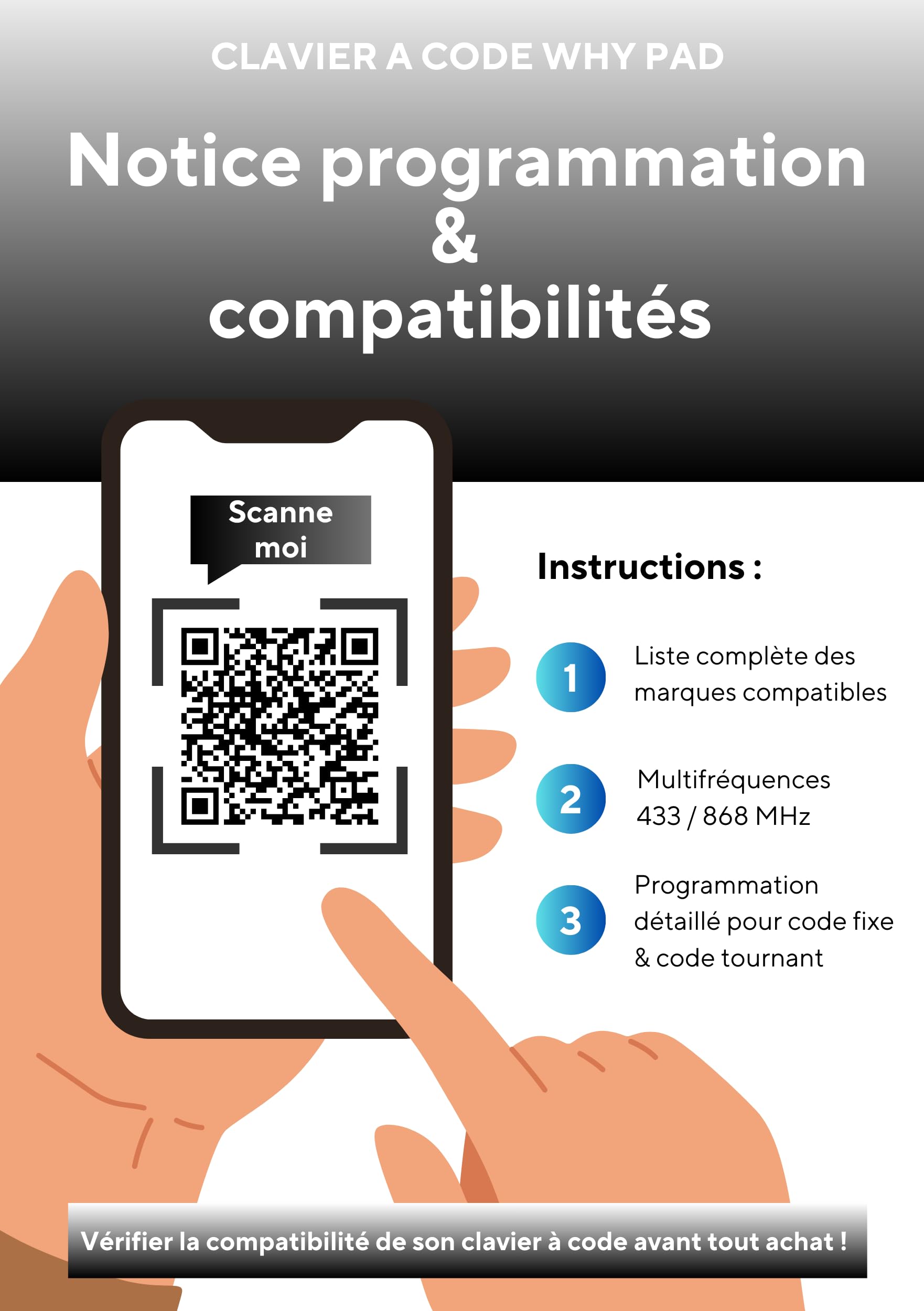 WHY PAD 8991007 - Clavier à code radio universel blanc pour motorisation portail & garage - Multi-fréquence 433/868 MHz - Code fixe et tournant + 1 Porte clés DOMOBIP (BLANC, WHY PAD UNIVERSEL)