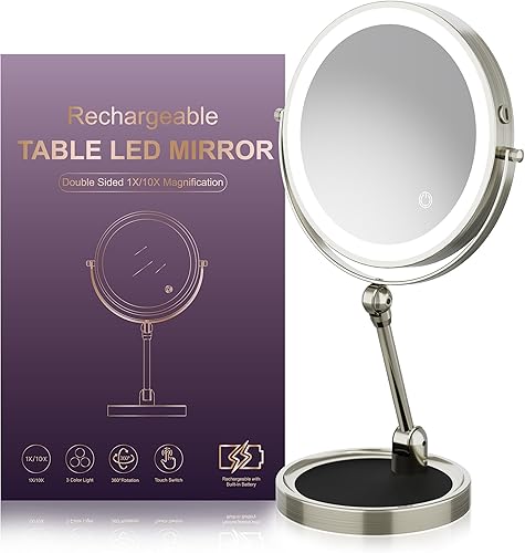 Miniatura 9 de Rocollos Espejo de maquillaje iluminado con aumento de 1X10X, altura ajustable y 3 luces regulables de color, espejo de tocador recargable de 8