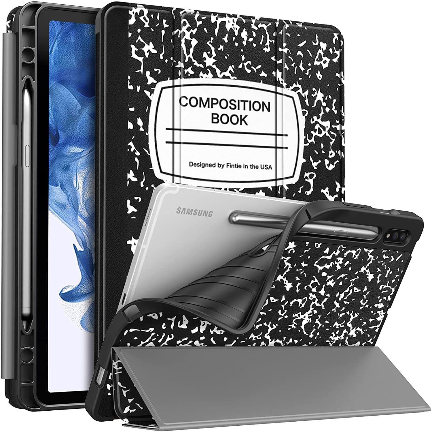 Gruattreay Hybrid Slim Case Compatible with Samsung Galaxy Tab S9 2023 11 Inch with S Pen Holder, Shockproof Cover with Clear Transparent Back Shell, Auto Wake/Sleep, Composition (Book)
