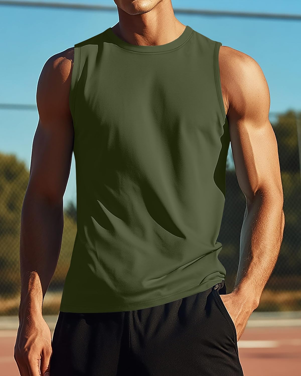 Ficerd 3 Pack Men's Big and Tall Tank Tops, Cotton Moisture Wicking Muscle Shirts Sleeveless Gym Workout Tee Shirts(Black, Light Gray, Army Green,3X-Large) - Image 7