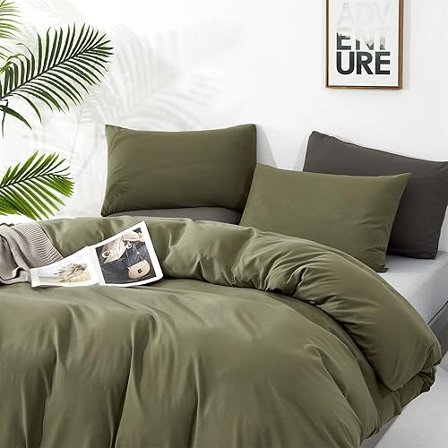 Miniatura 3 de Wellboo Juego de edredón de tamaño King, color verde oliva, edredón de algodón liso verde militar, suave, acogedor, para mujeres y hombres, mantas