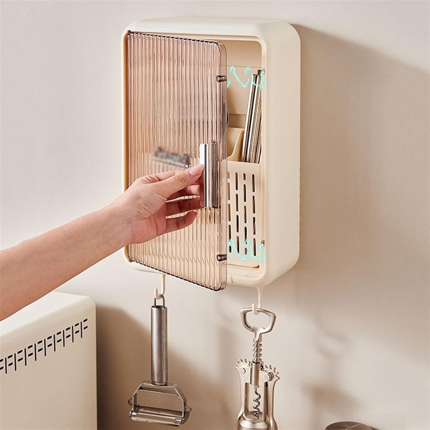 Utensil Holder Wall Cutlery Storage Organizer, Kitchen Utensil Holder Multifunctional Draining Chopstick Spoon Forks Cutlery Storage Organizer Rack with Hooks Kitchen Utensils Organizer ( Color : Whit