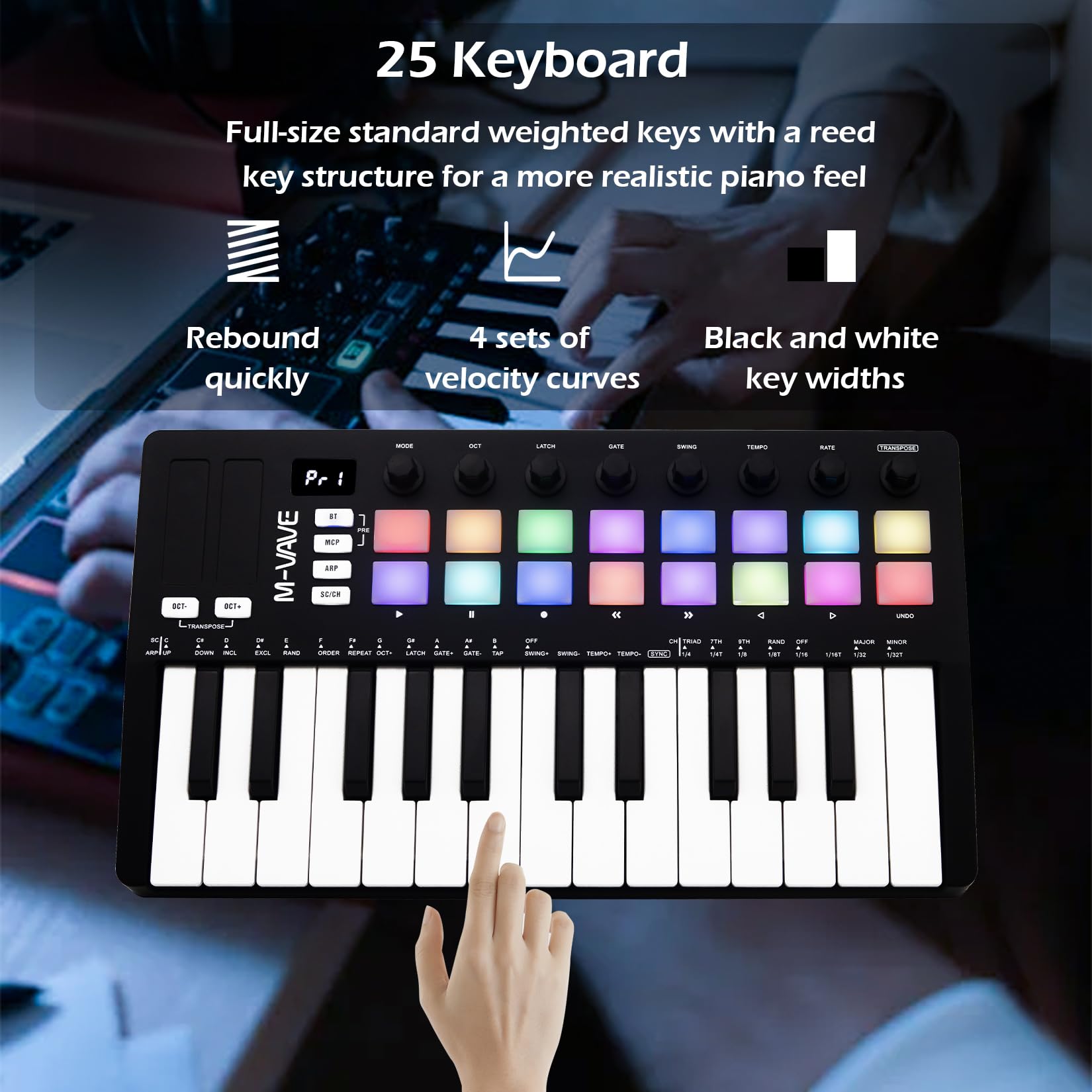 M-VAVE 25 touches 16 pads de batterie rétroéclairés Clavier MIDI - Beat maker professionnel et Keytar pour la production musicale au clavier Batterie intégrée Wireless Connect, MIDI 16 PADS, Noir