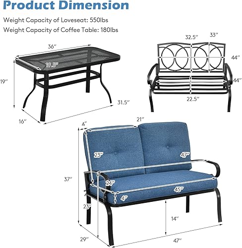 Miniatura 2 de Giantex Sofá biplaza de patio de 2 piezas con mesa auxiliar, banco al aire libre con cojín y marco de metal, sofá de dos plazas para jardín, patio