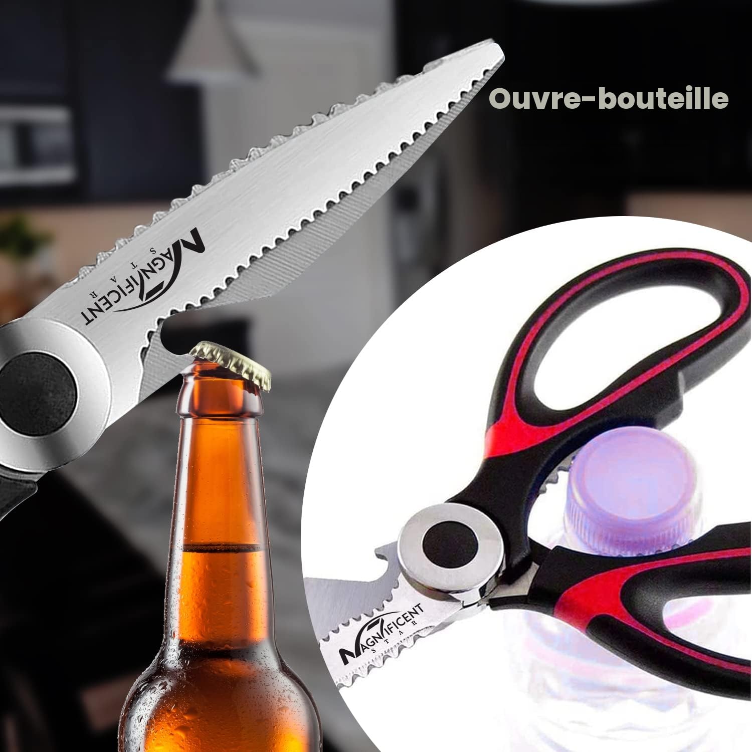 Ciseaux de cuisine en acier inoxydable avec couvercle et poignées confortables