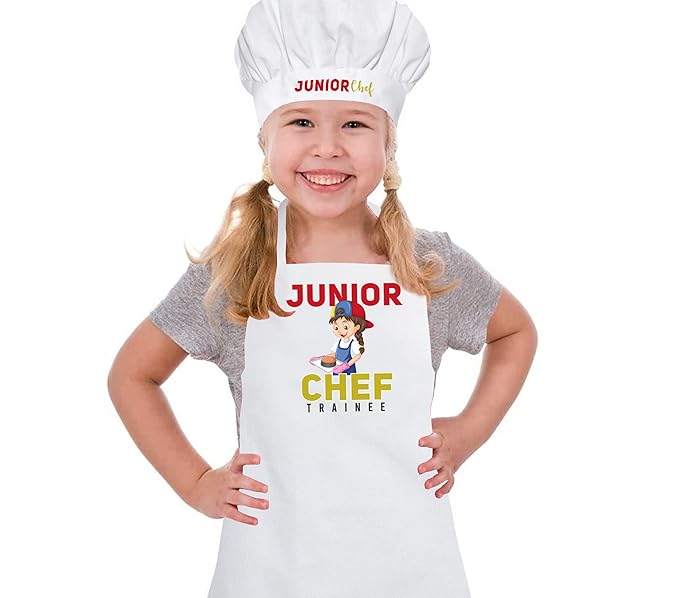 La Festiya Playful White Cotton Blend JUNIOR CHEF Apron Costume with Cap for Kids, Babies for Photoshoot, Cooking, Art, Craft, etc.