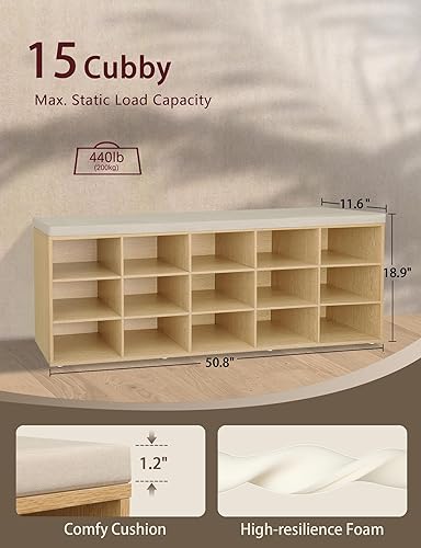 Miniatura 90 de DINZI LVJ Banco organizador de zapatos con cojín, zapatero de 9 cubos y estantes ajustables, multifuncional, para salas de estar, dormitorio, Gris