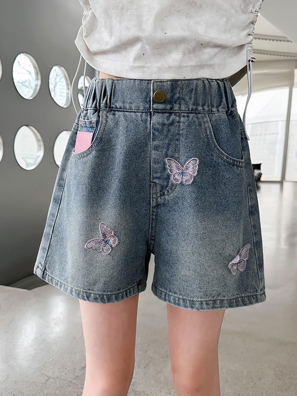 Rolanko Mädchen Jeans Shorts, Elastischer Bund Sommer Zerrissen Heiße Kurze Jeans mit Taschen für Kinder
