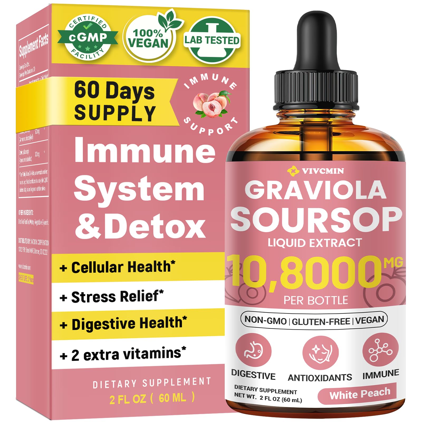 Graviola Soursop Leaf Extract Liquid - Soursop Bitters Liquid, Support Immune, Relax, Liver and Sleep, Sugar & Alcohol-Free, Highly Absorbable Formula, White Peach Flavor, 2 Fl Oz