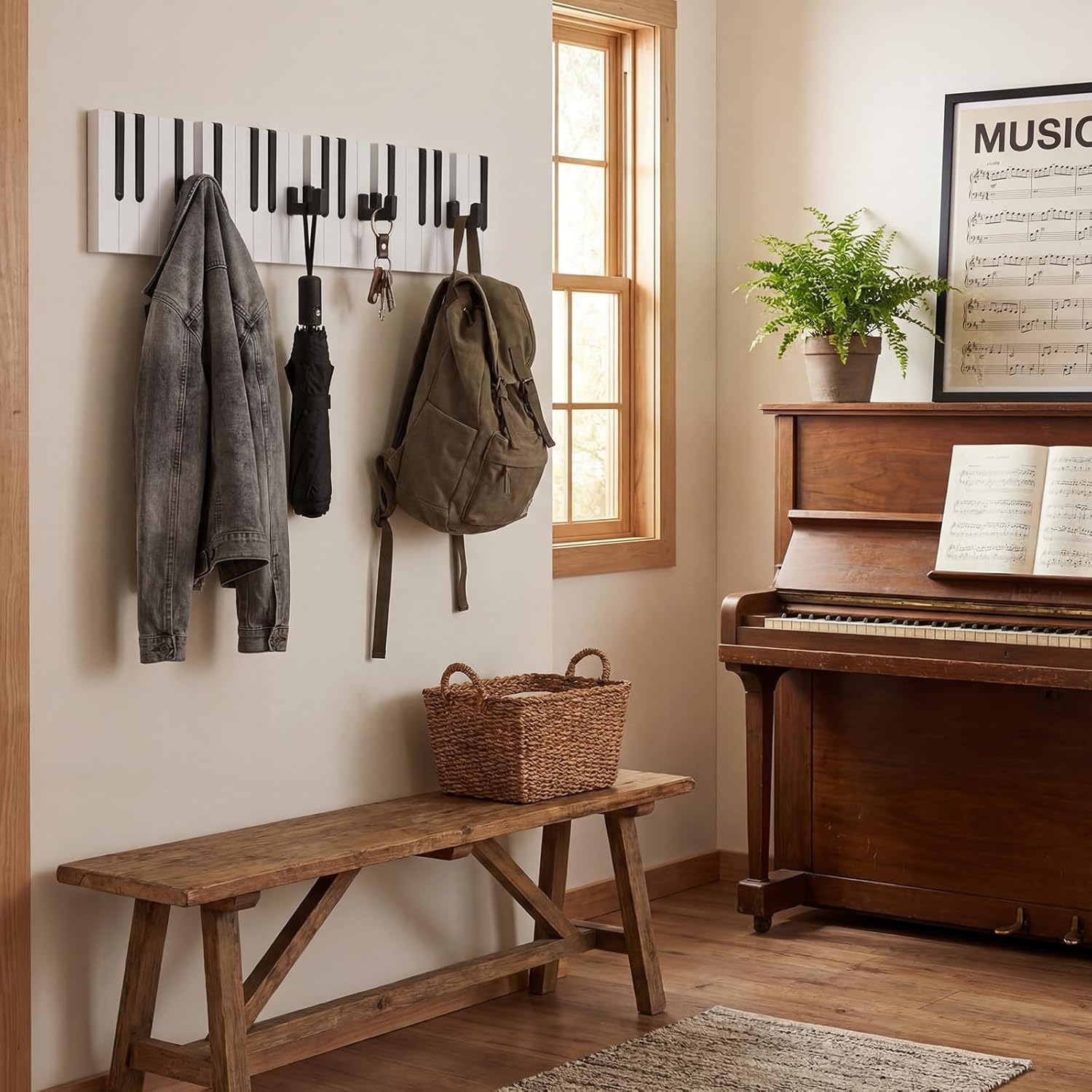 16 Hook Wooden Piano Coat Rack Wall Mounted Flip Down Wall Rack Entryway Art Hanger Black White Piano Key Storage Organizer for Hanging Hats Keys Bags Music Lovers Pianists Gift 22.8 Inch