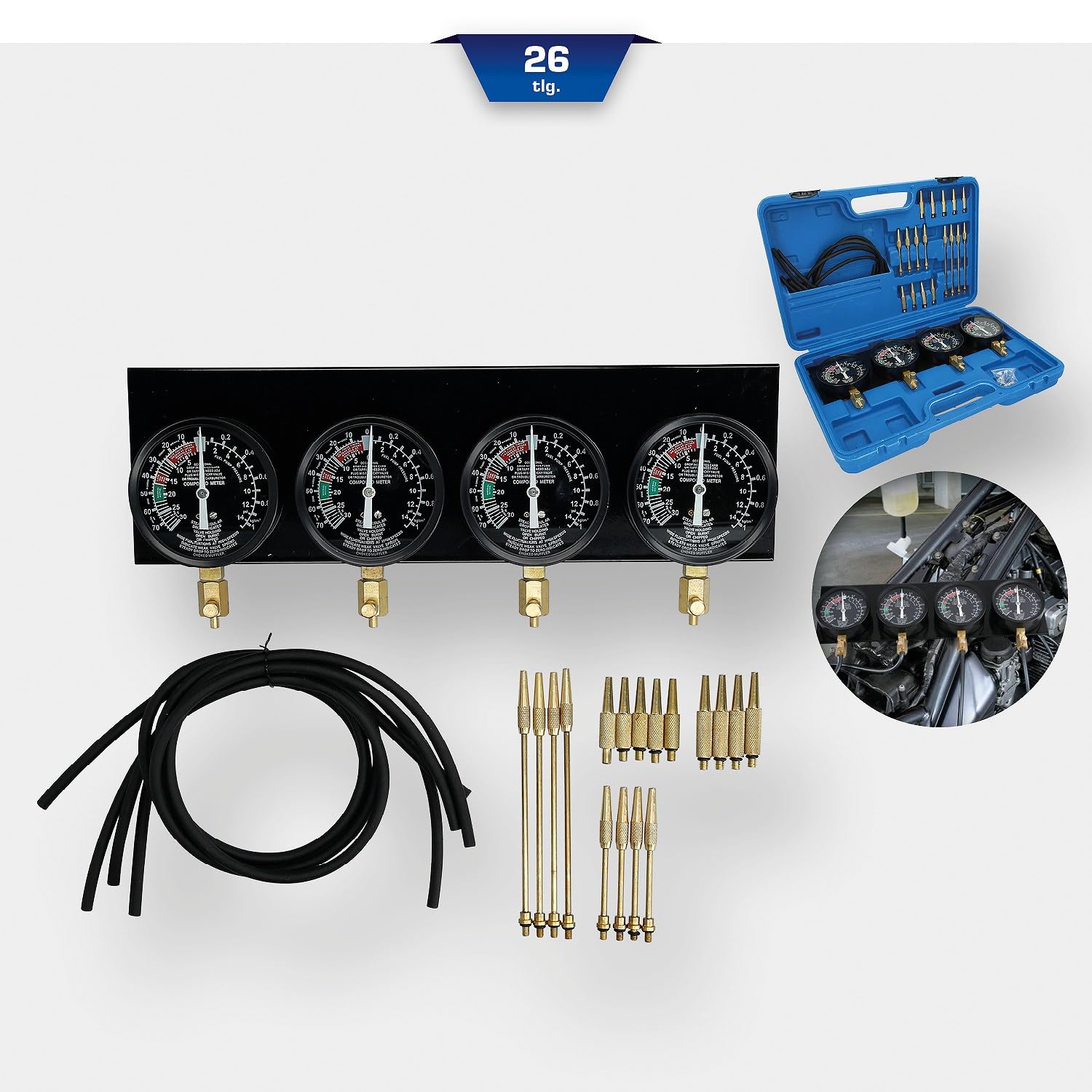 BRILLIANT TOOLS BT581200 Aparato de prueba sincronizada de carburadores, Con 4 relojes sincronizados, 26 pzs [Powered by KS TOOLS]