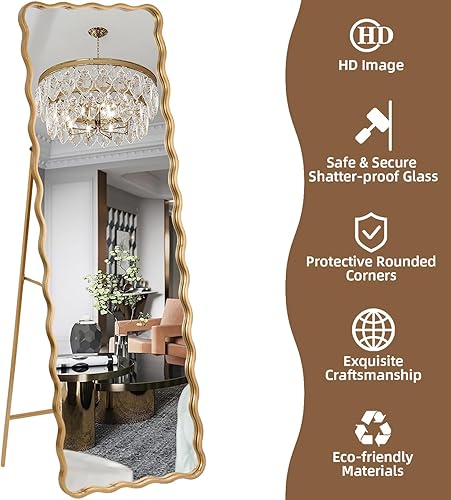 Miniatura 7 de Espejo de longitud completa de 22 x 65 pulgadas de oro cepillado con soporte, espejo de piso montado en la pared, grande, moderno, campo, adecuado