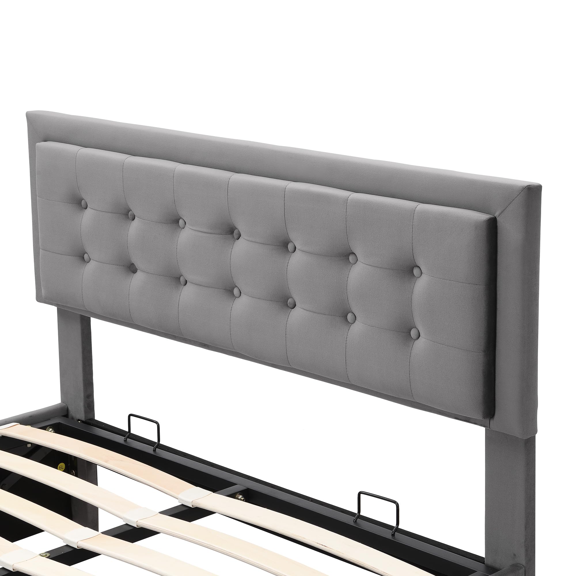 Cama Tapizada 140x190 cm Cama Matrimonio, Cama Juvenil con Almacenaje Hidráulico y cajones, Camas Matrimoniales con Cabecero Regulable, Estructura Camas Doble, Sin Colchón, Terciopelo Gris
