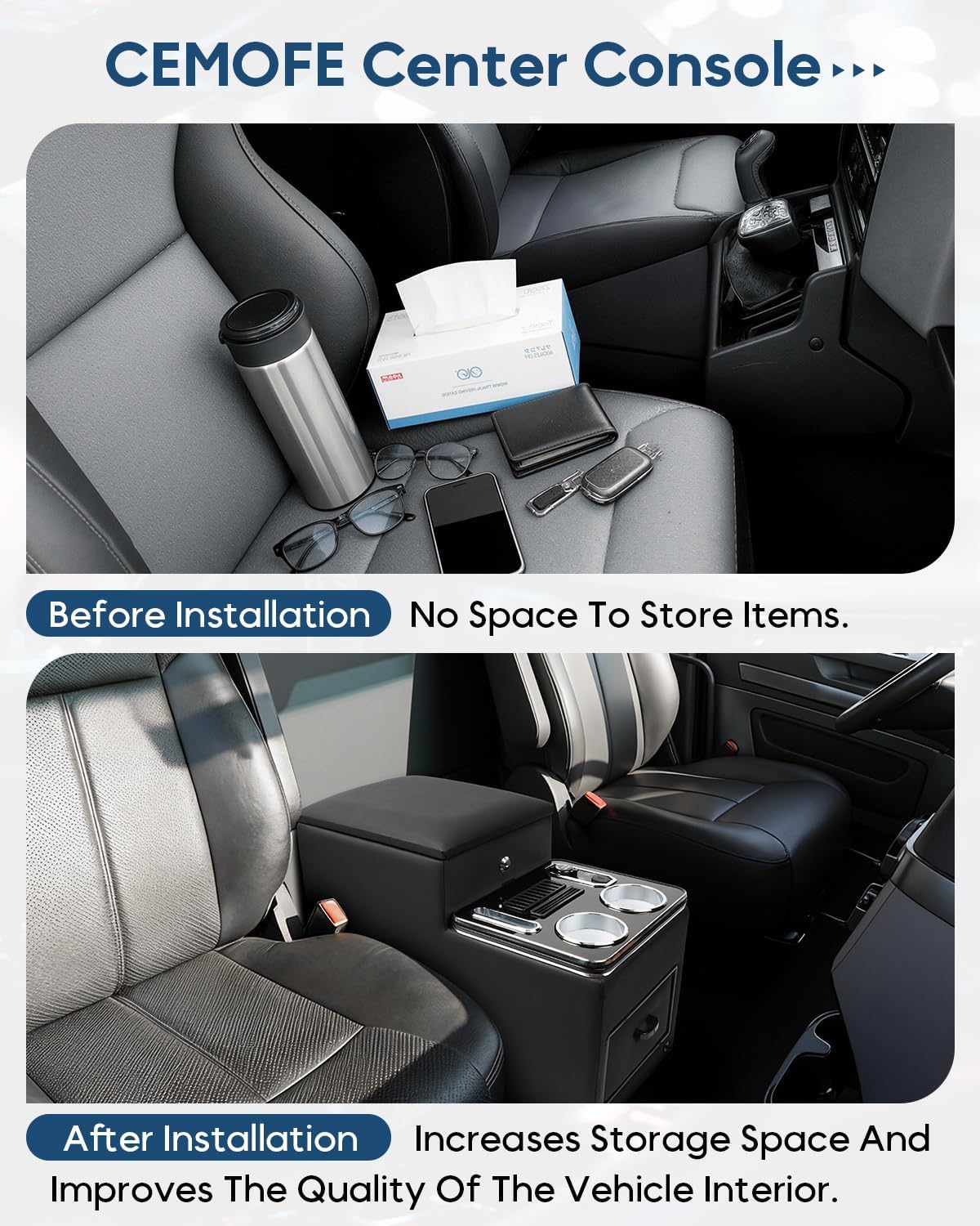 Center Console Between Seat with a Lock, Upgraded Center Console Organizer for Minivans, Truck & Motorhome, with Fast Phone Charging, 7-Color Adjustable LED Lighting and Cup & Phone Holder