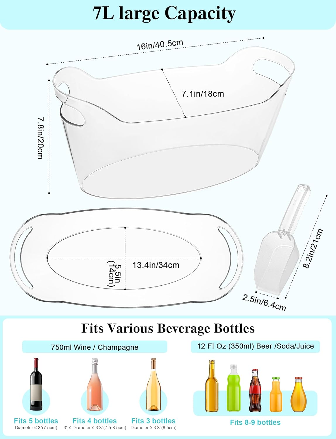 HOYTST 7L Ice Buckets for Parties, 2-Pack Clear Acrylic Champagne Bucket, Large Beverage Tub with Scoop, Portable Cooler Barrel for Cocktail, Beer, Wine Drinks, Mimosa Bar Supplies