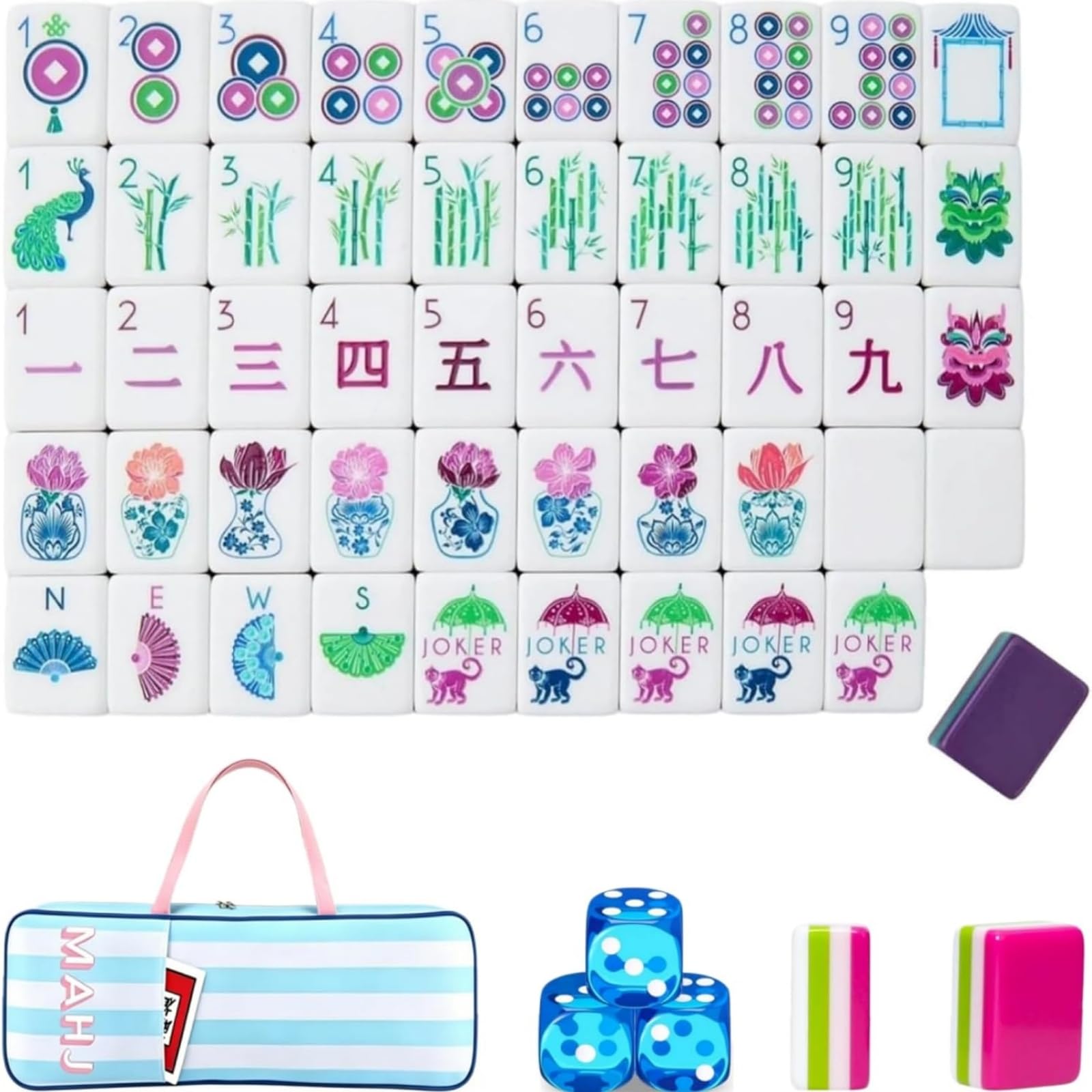 Pealeaf 4 Layer Mahjong Tiles Set - Complete American Mahjong Tiles Set with 160 Acrylic Tiles and Carrying Bag, Full Size Strategy Board Game for Adults, Family Game Nights and Social Play (E)