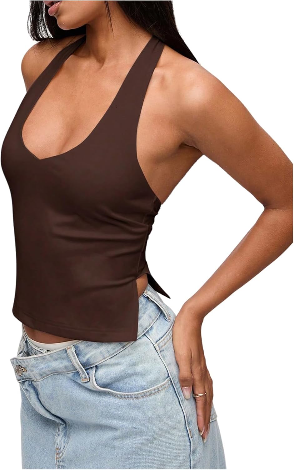 Verdusa Women's Backless Basic Halter Top Rave Club Slim Fit Going Out Tops with Slit