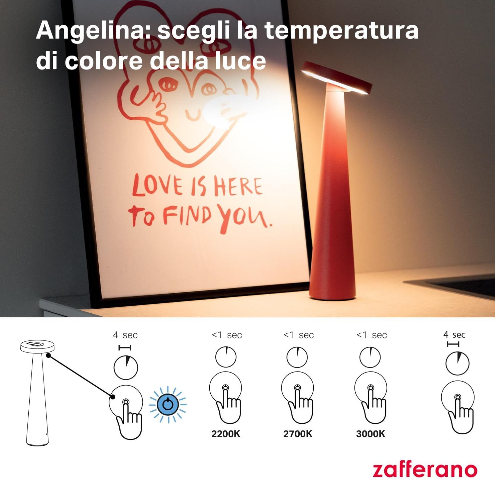 Zafferano, Lampada Angelina, Lampada da Tavolo Ricaricabile e Senza Fili con Controllo Touch e con Testa Orientabile, Adatta per Interni, Dimmer, 2200-3000 K, Altezza 26 cm, Colore Rosso