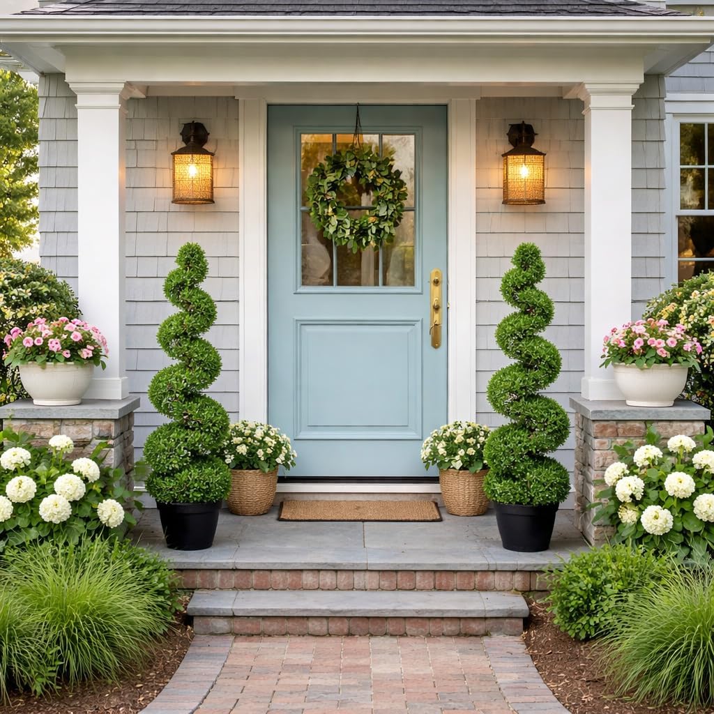 2 Pcs 3ft Artificial Boxwood Spiral Tree, Outdoor Faux Plants with Weighted Pot, Boxwood Topiary for Outdoor & Indoor Decoration, Artificial Outdoor Plants, Artificial Trees for Outdoors