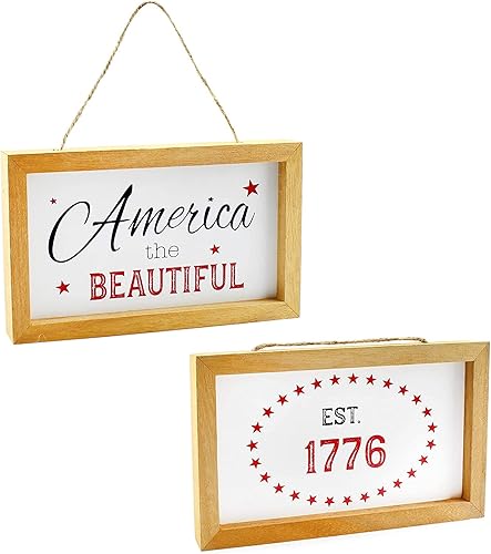 AuldHome Design Letreros del 4 de julio, juego de 2 letreros decorativos de madera patriótica americana para decoración del hogar del Día de los